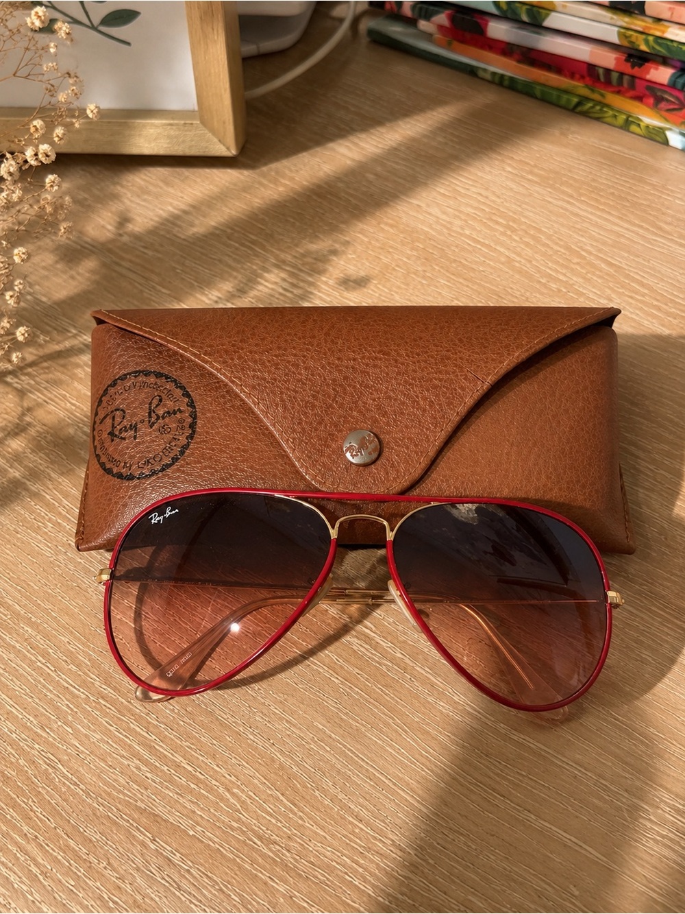 Ray-Ban Aviator Sunglasses in Red and Gold with Brown Case